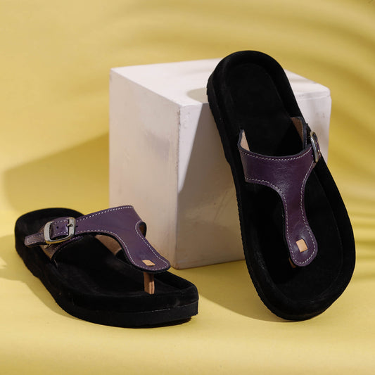 Black & Purple Handcrafted Women's Leather Slippers with Suede