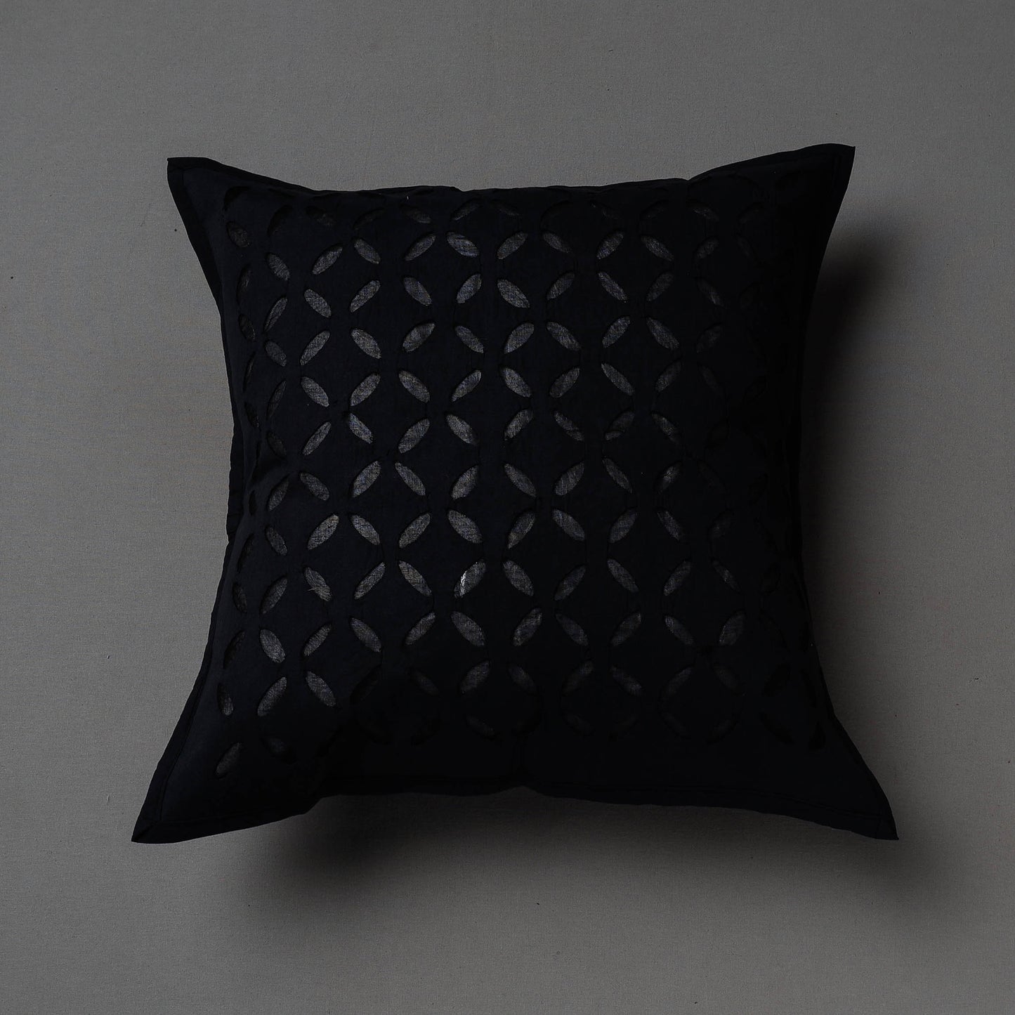 Black - Applique Cutwork Cotton Cushion Cover (16 x 16 in)