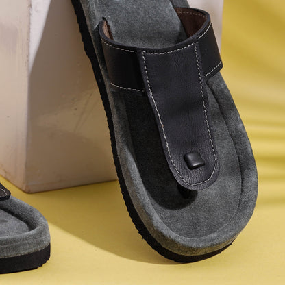 Grey Handcrafted Women's Leather Slippers with Suede