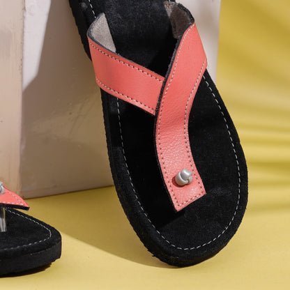 Black & Pink Handcrafted Women's Leather Slippers with Suede