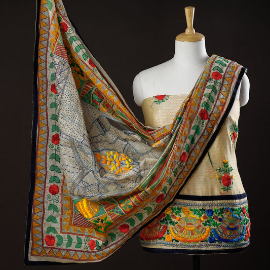 Multicolor - 3pc Phulkari Embroidery Chapa Work Chanderi Silk Suit Material Set