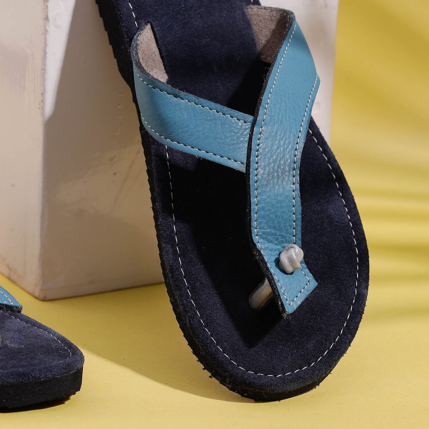 Blue & Grey Handcrafted Women's Leather Slippers with Suede