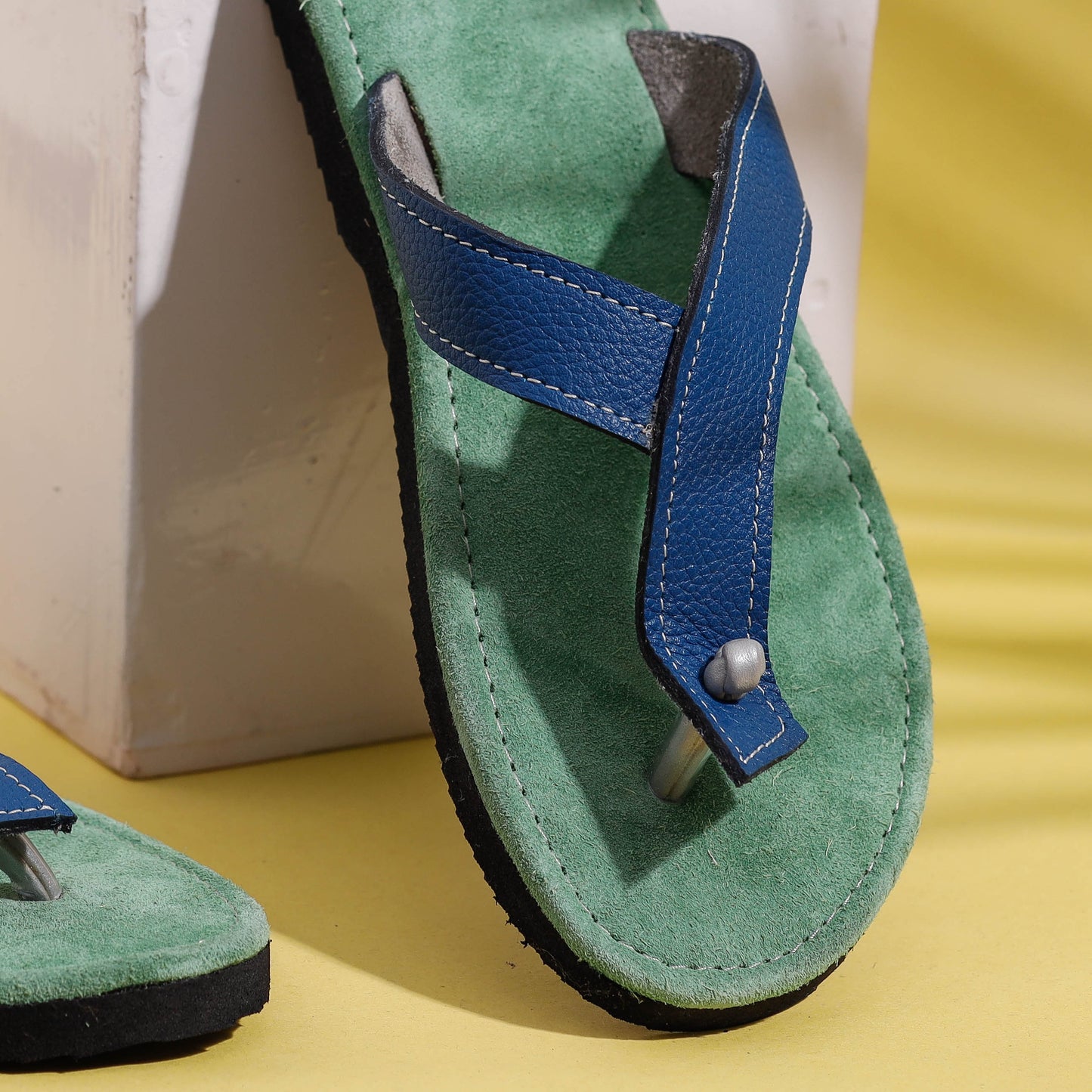 Green & Blue Handcrafted Women's Leather Slippers with Suede