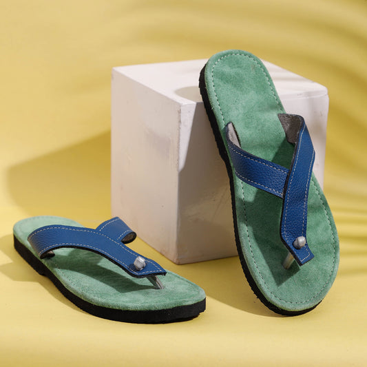 Green & Blue Handcrafted Women's Leather Slippers with Suede