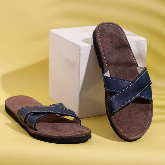Brown & Blue Handcrafted Women's Leather Slippers with Suede