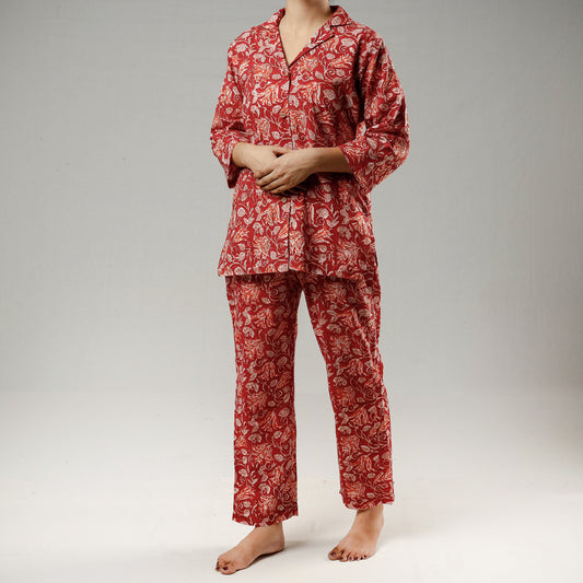 Red - Sanganeri Block Print Cotton Night Suit