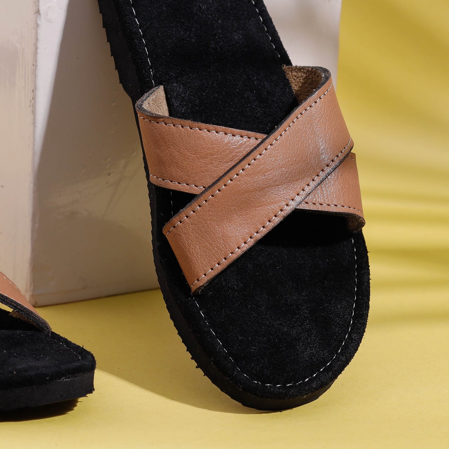 Black & Tan Handcrafted Women's Leather Slippers with Suede