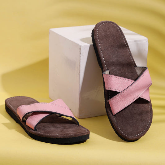 Brown & Baby Pink Handcrafted Women's Leather Slippers with Suede