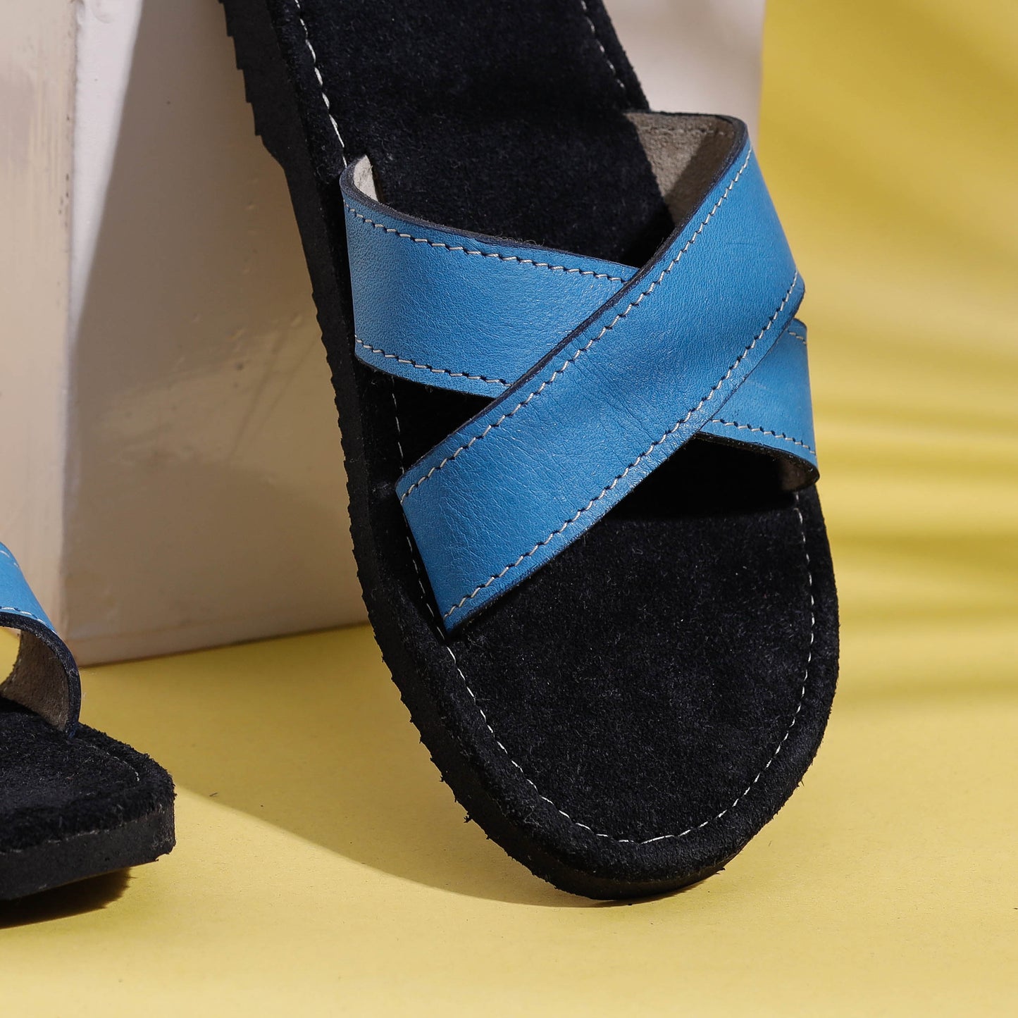 Black & Blue Handcrafted Women's Leather Slippers with Suede
