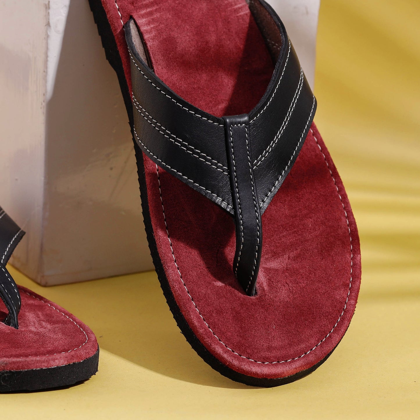 Black & Maroon Handcrafted Men's Leather Slippers with Suede