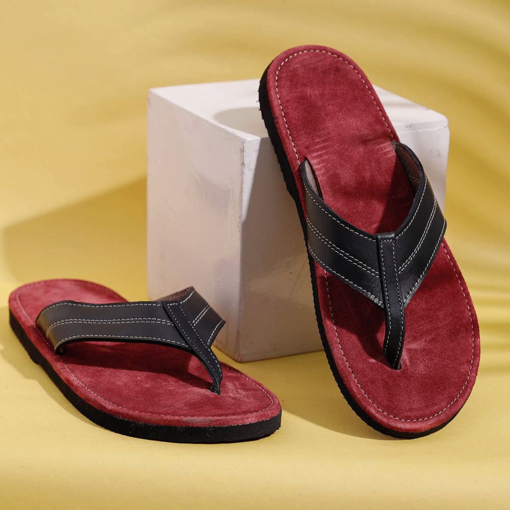 Black & Maroon Handcrafted Men's Leather Slippers with Suede