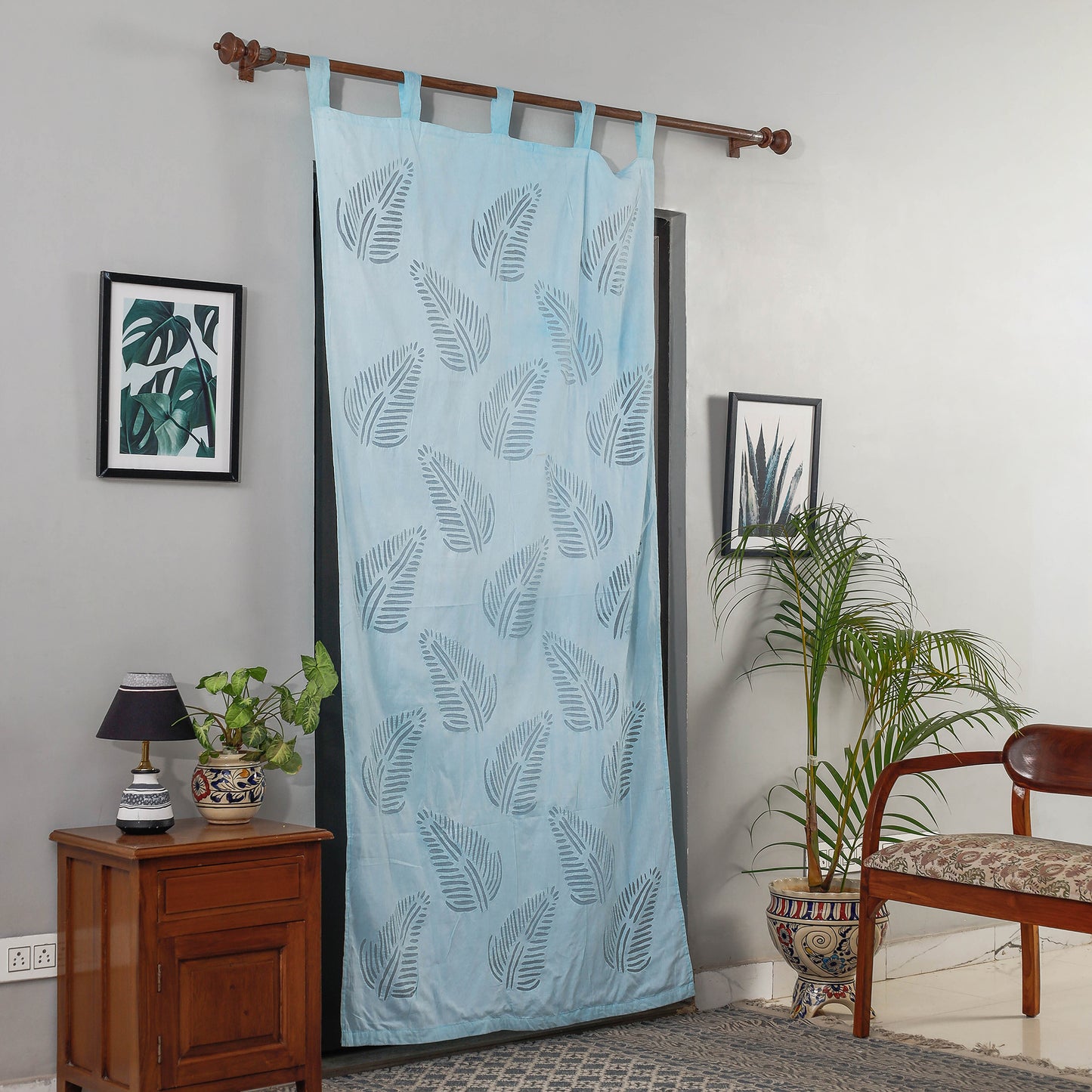 Blue - Applique Leaves Cutwork Cotton Door Curtain from Barmer (7 x 3.5 feet) (single piece)