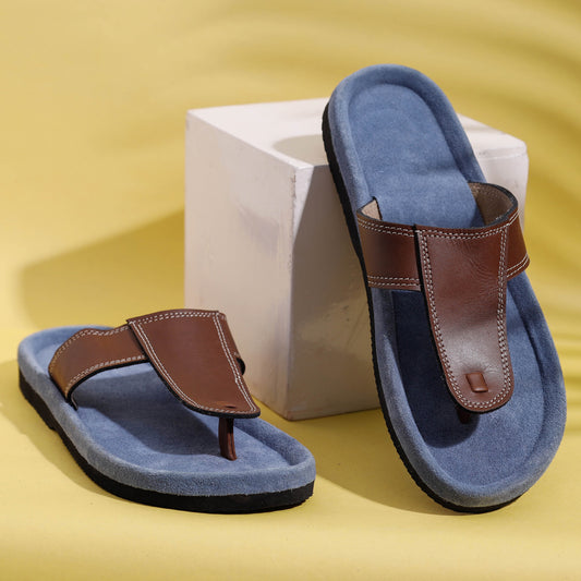 Blue & Brown Handcrafted Men's Leather Slippers with Suede