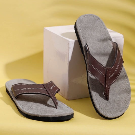 Light Grey & Brown Handcrafted Men's Leather Slippers with Suede