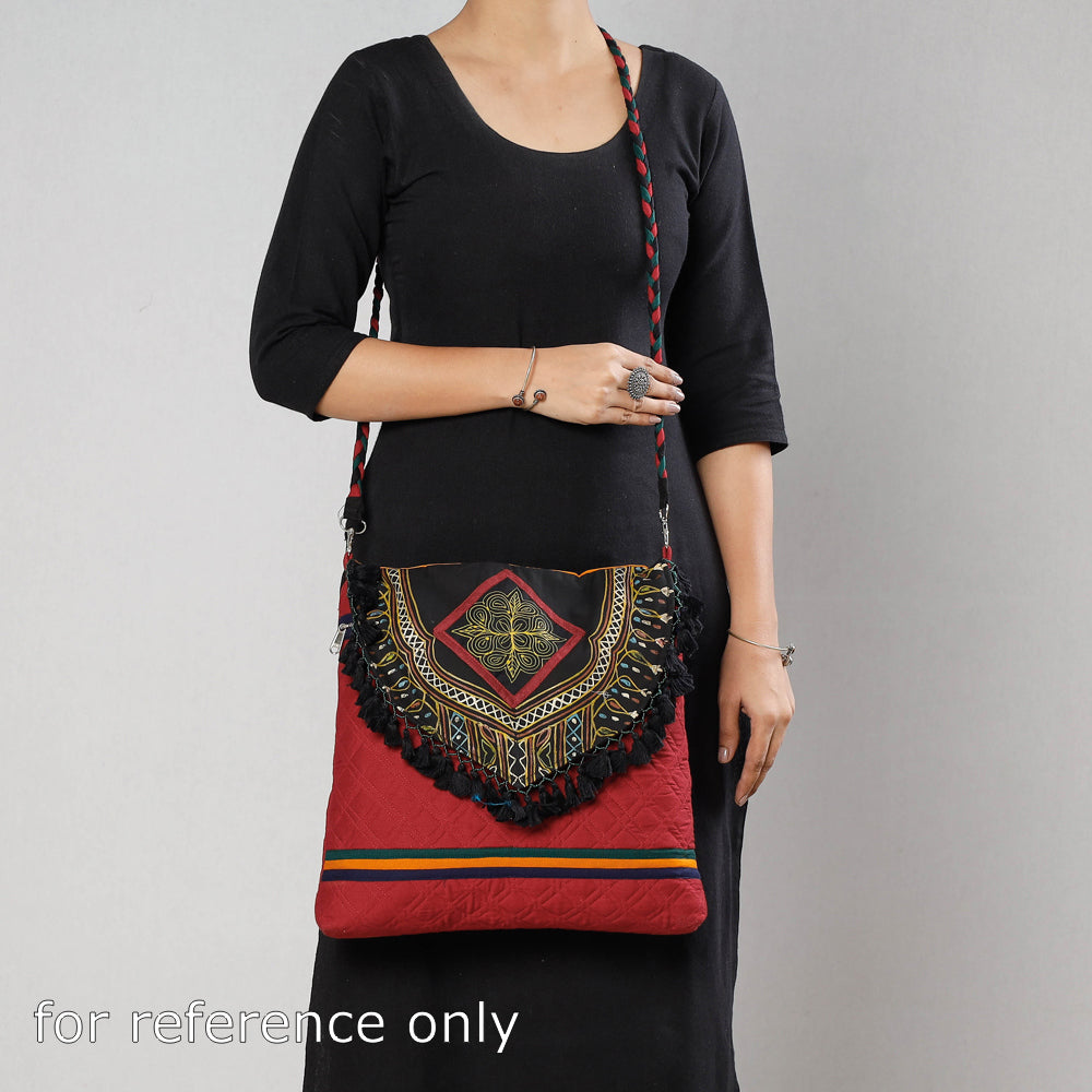 Maroon - Traditional Rogan Hand Painted Cotton Bead Work Sling Bag with Tassels