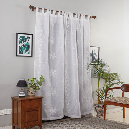 White - Patti Kaam Applique Work Cotton Door Curtain from Rampur (7 x 3.5 feet)