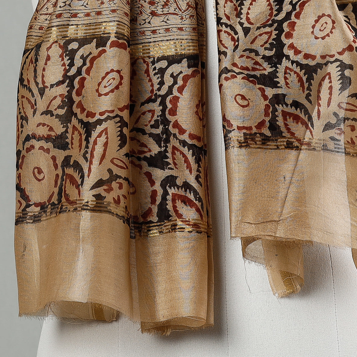 Beige - Pedana Kalamkari Block Printing Chanderi Silk Stole with Zari Border