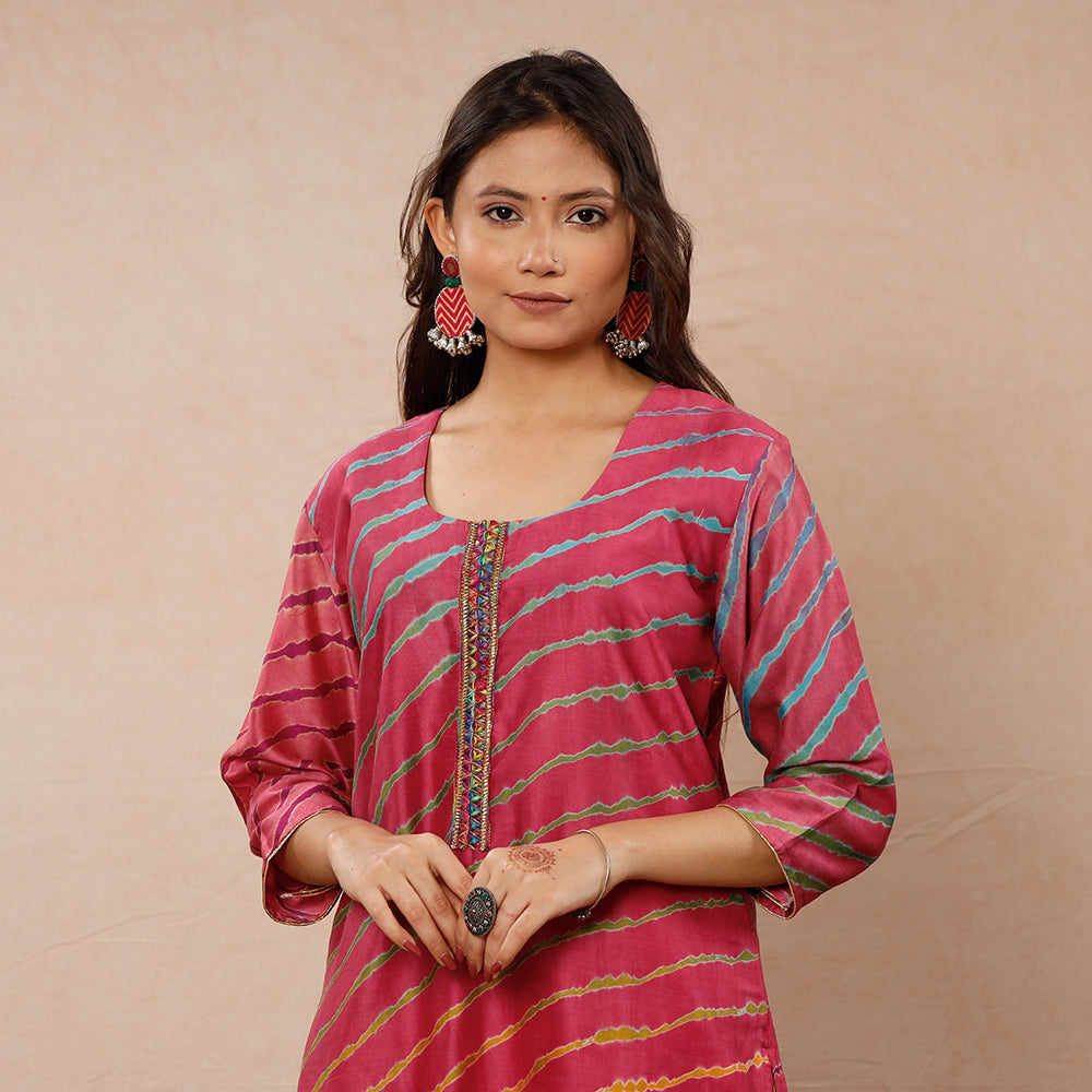 Buy Leheriya Tie-Dye Chanderi Silk Long Kurta for Women