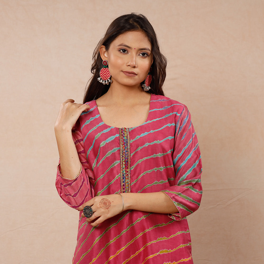 Buy Leheriya Tie-Dye Chanderi Silk Long Kurta for Women