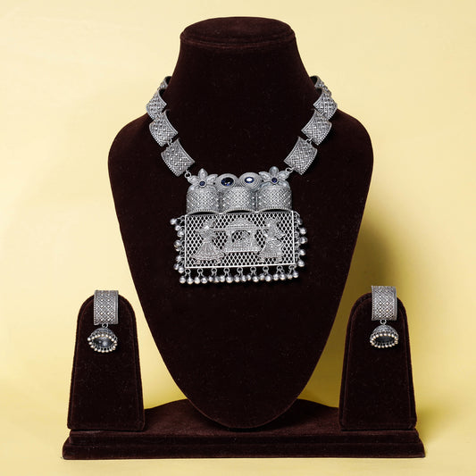 Antique Silver Finish Oxidised Brass Base Bead Work Necklace Set