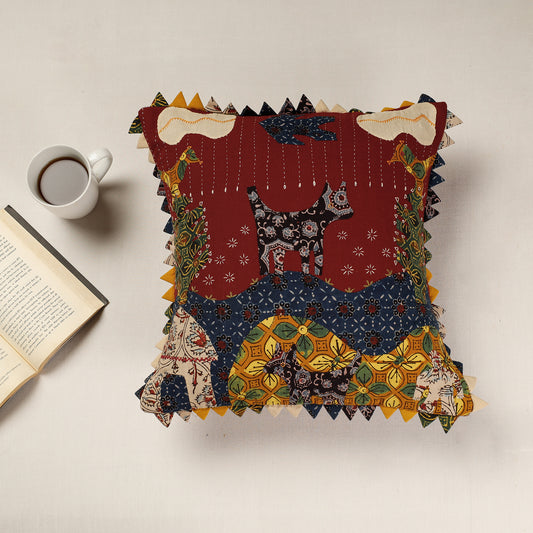 Multicolor - Kala Raksha Applique Cutwork Cotton Cushion Cover (16 x 16 in)