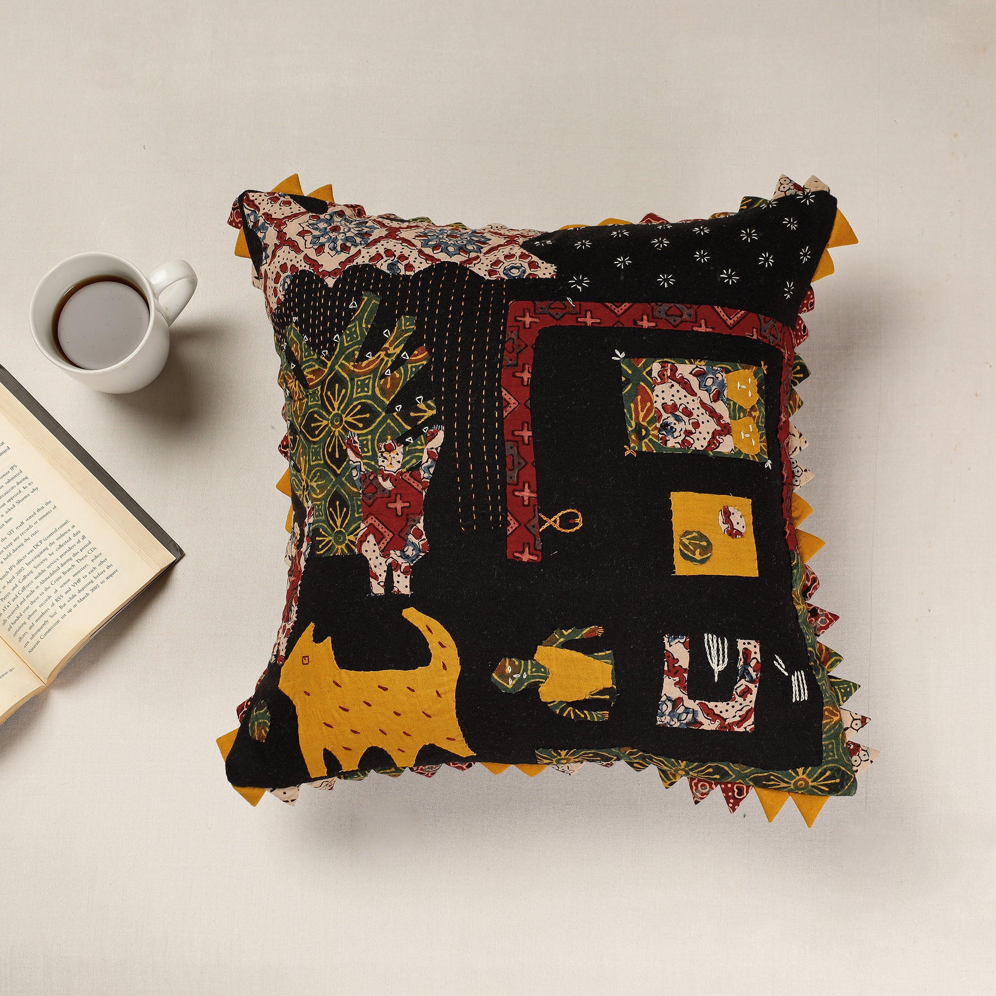 Kalo Rashka Kala Raksha Applique Cutwork Cotton Cushion Cover