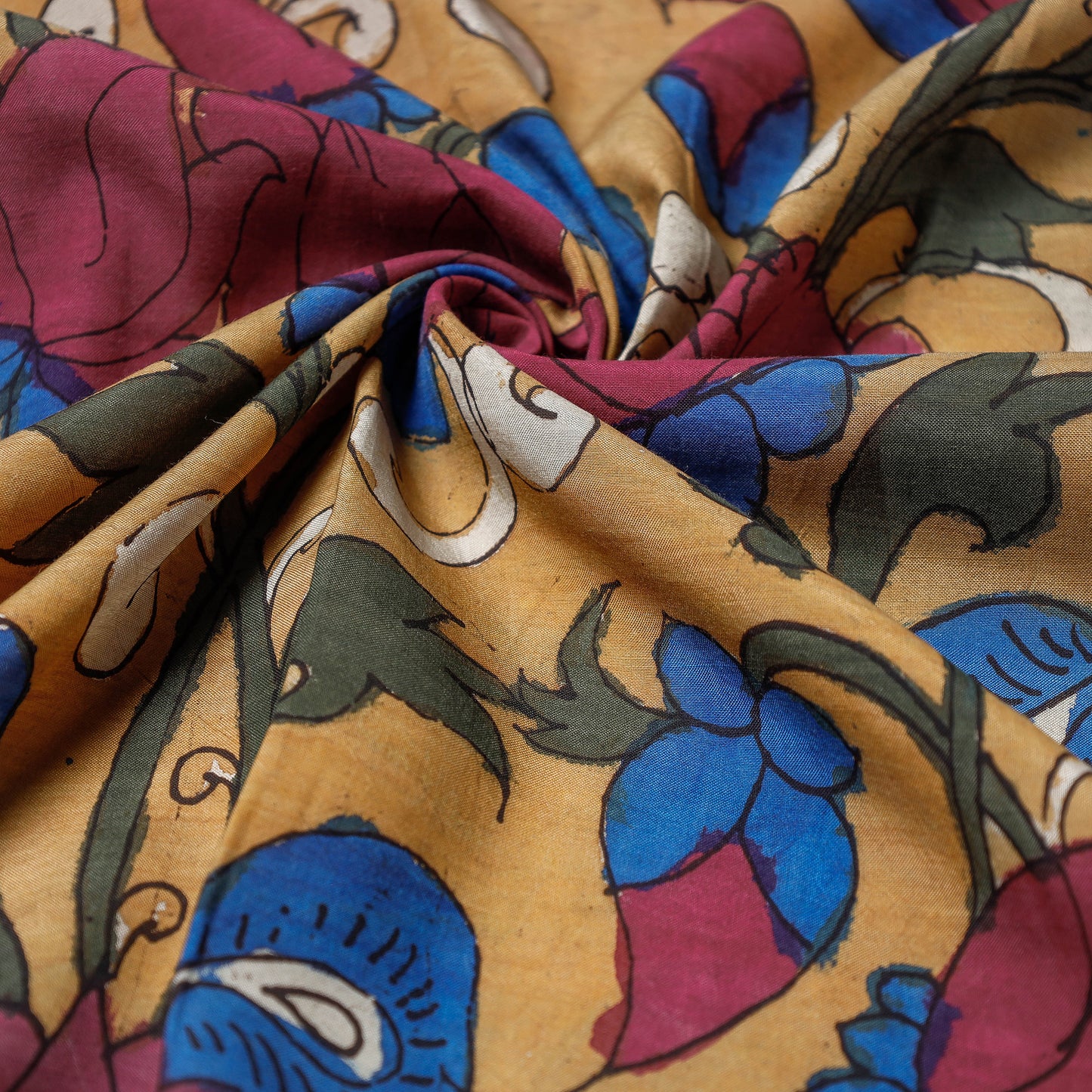 Brown - Handpainted Srikalahasti Kalamkari Pen Work Handloom  Silk Fabric