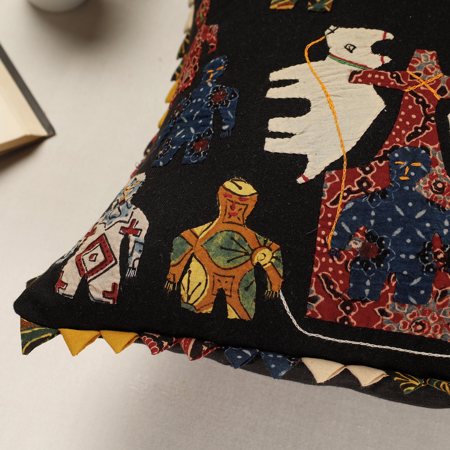 Black - Kala Raksha Applique Cutwork Cotton Cushion Cover (16 x 16 in)