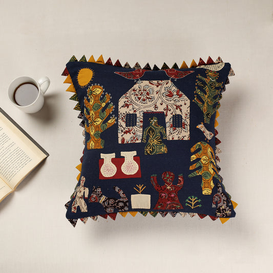 Blue - Kala Raksha Applique Cutwork Cotton Cushion Cover (16 x 16 in)
