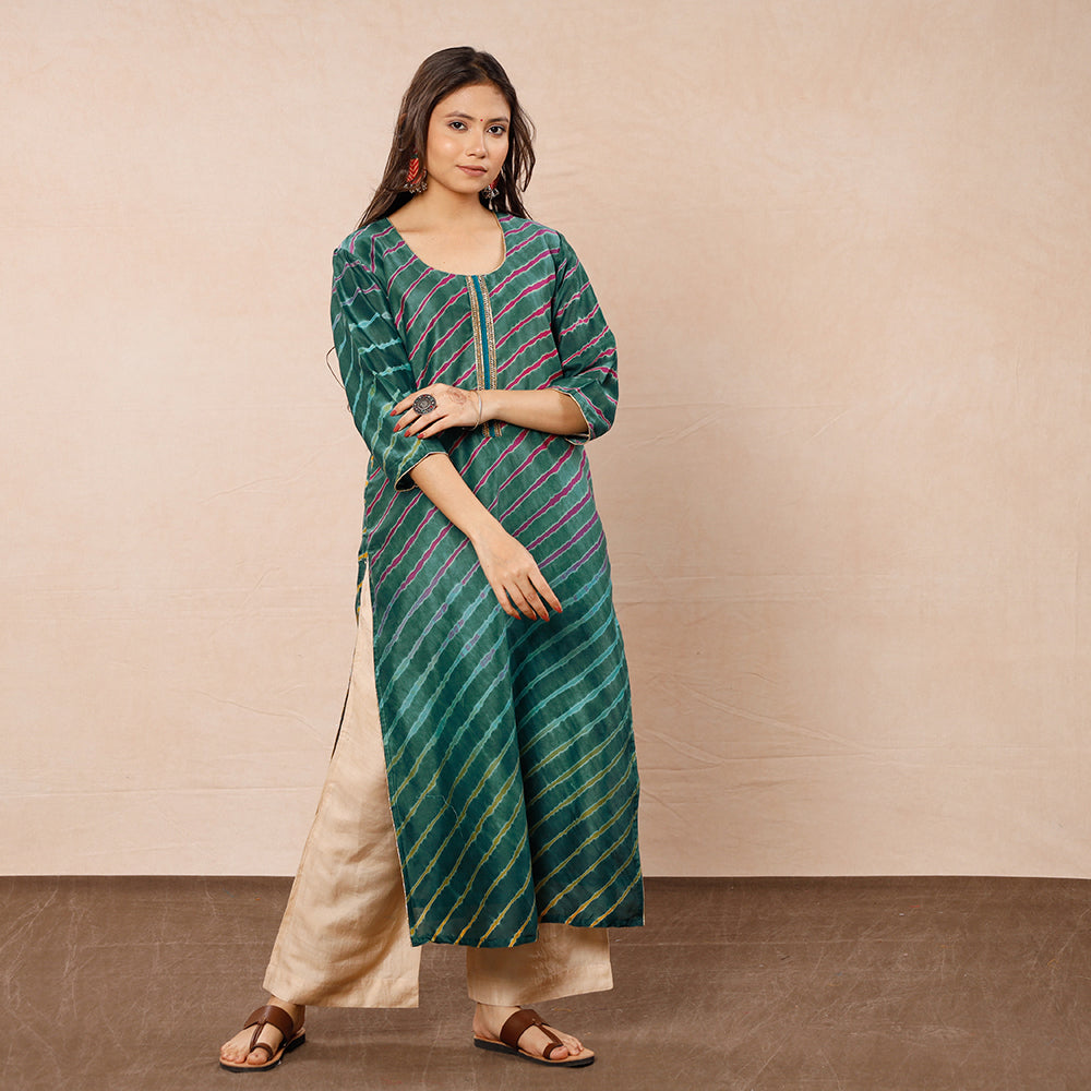  Leheriya Tie-Dye Chanderi Silk Long Kurta Online 