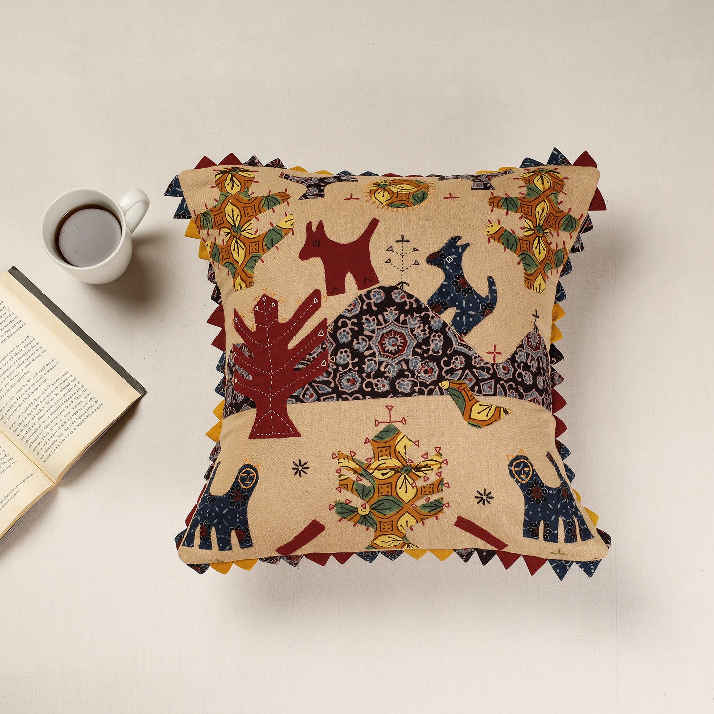 Beige - Kala Raksha Applique Cutwork Cotton Cushion Cover (16 x 16 in)