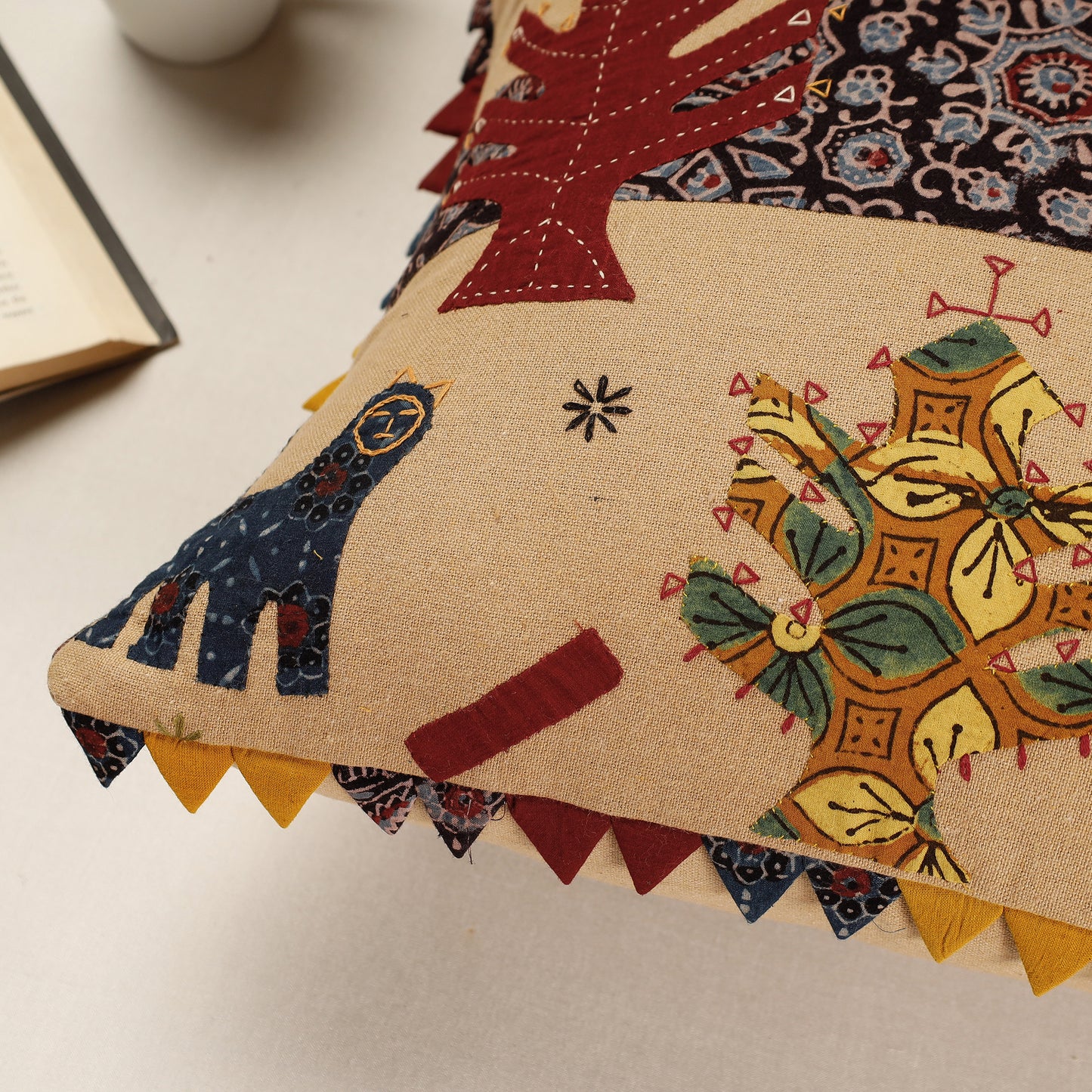 Beige - Kala Raksha Applique Cutwork Cotton Cushion Cover (16 x 16 in)