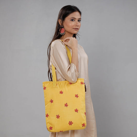 Yellow - Chandi Maati Kantha Work Silk Cotton Tote Bag