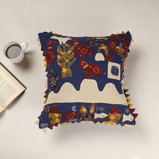 Blue - Kala Raksha Applique Cutwork Cotton Cushion Cover (16 x 16 in)