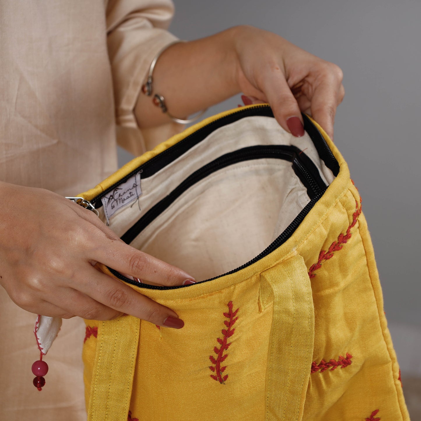 Yellow - Chandi Maati Kantha Work Silk Cotton Tote Bag