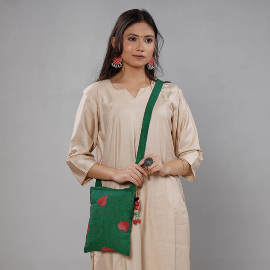Green - Chandi Maati Kantha Work Cotton Sling Bag