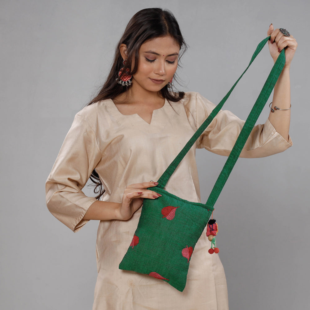 Green - Chandi Maati Kantha Work Cotton Sling Bag