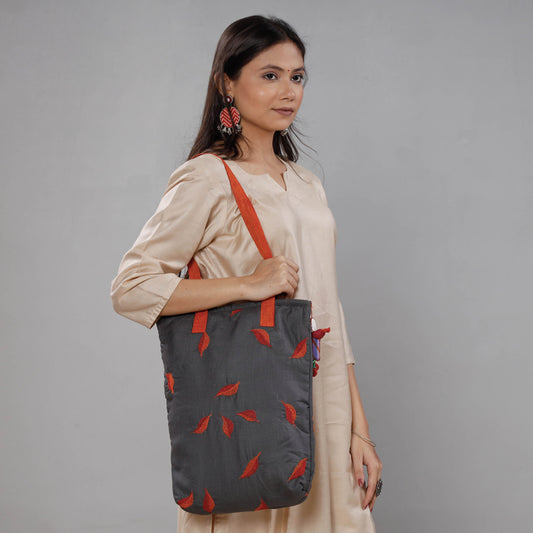 Grey - Chandi Maati Kantha Work Cotton Tote Bag