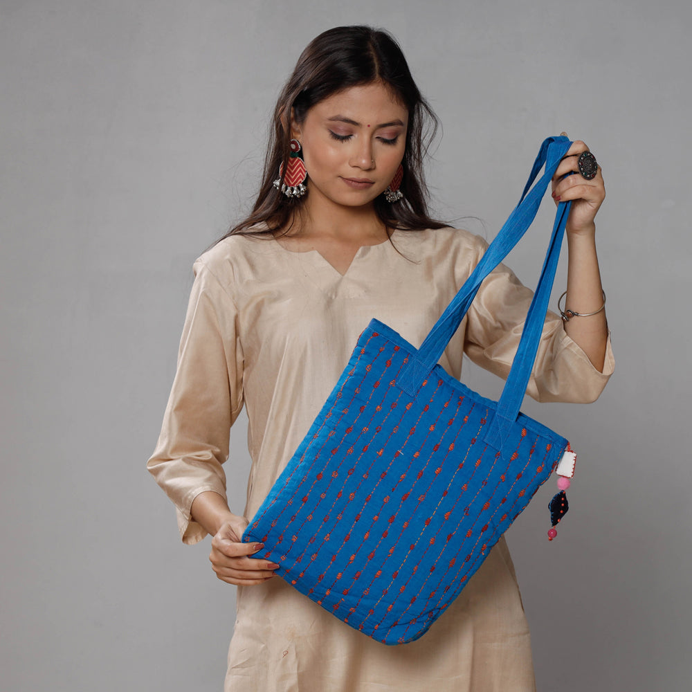 Blue - Chandi Maati Kantha Work Cotton Tote Bag
