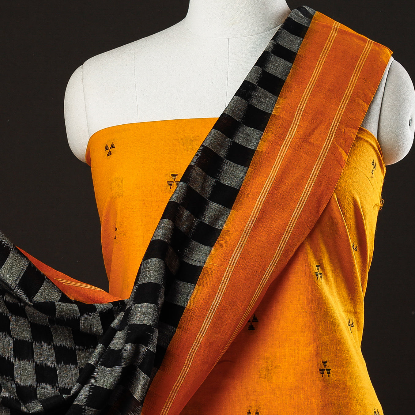 Orange - 2pc South Prewashed Jacquard Cotton Suit Material with Pochampally Ikat Handloom Cotton Dupatta