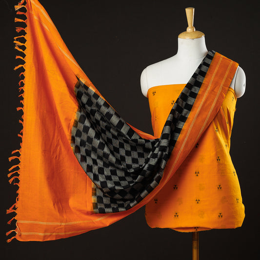 Orange - 2pc South Prewashed Jacquard Cotton Suit Material with Pochampally Ikat Handloom Cotton Dupatta