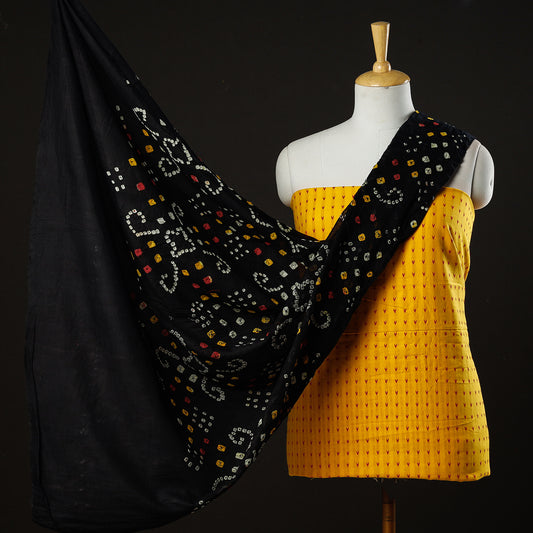 Yellow - 2pc South Prewashed Jacquard Cotton Suit Material with Kutch Bandhani Tie-Dye Cotton Dupatta