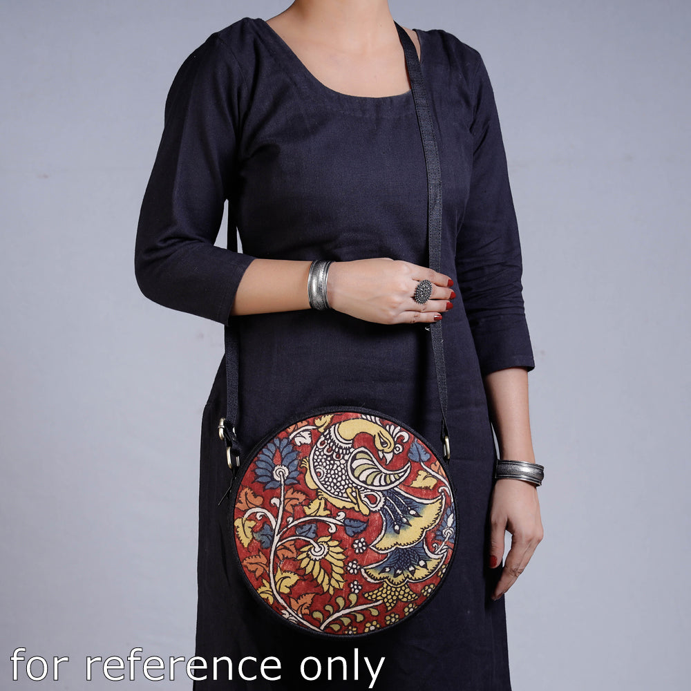 Black - Round Sling Bag - Handpainted Kalamkari Natural Dyed Ghicha Silk