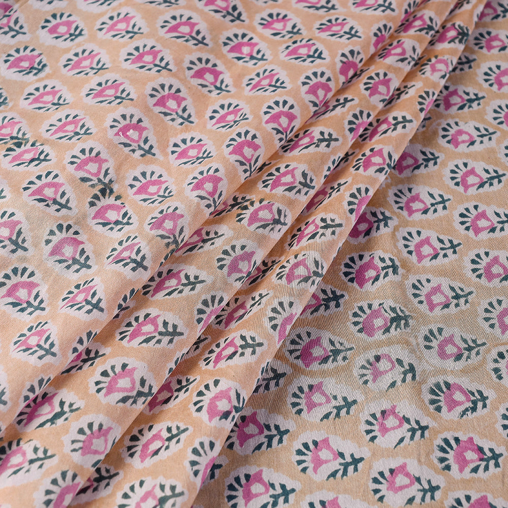 Pink Florets On Beige Sanganeri Block Printed Chanderi Silk Fabric