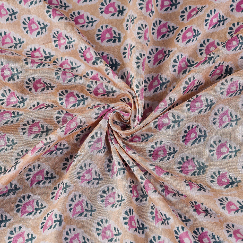 Pink Florets On Beige Sanganeri Block Printed Chanderi Silk Fabric