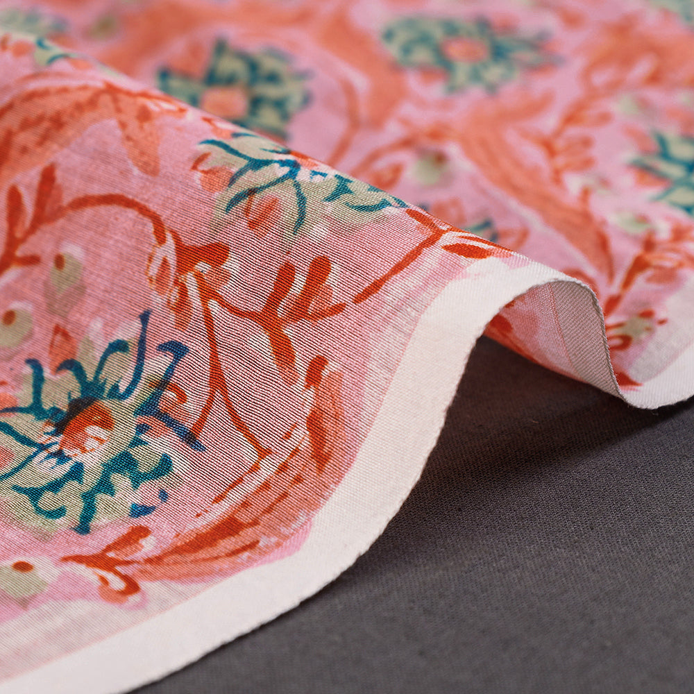 Pink - Green Perennial Sanganeri Block Printed Chanderi Silk Fabric