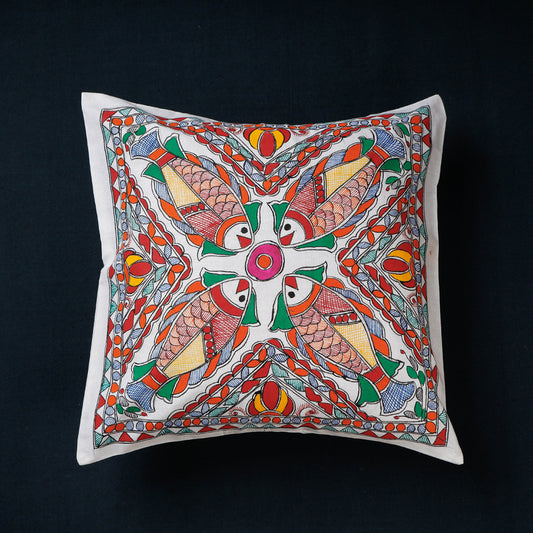 Multicolor - Madhubani Handpainted Cotton Cushion Cover (16 x 16 in)