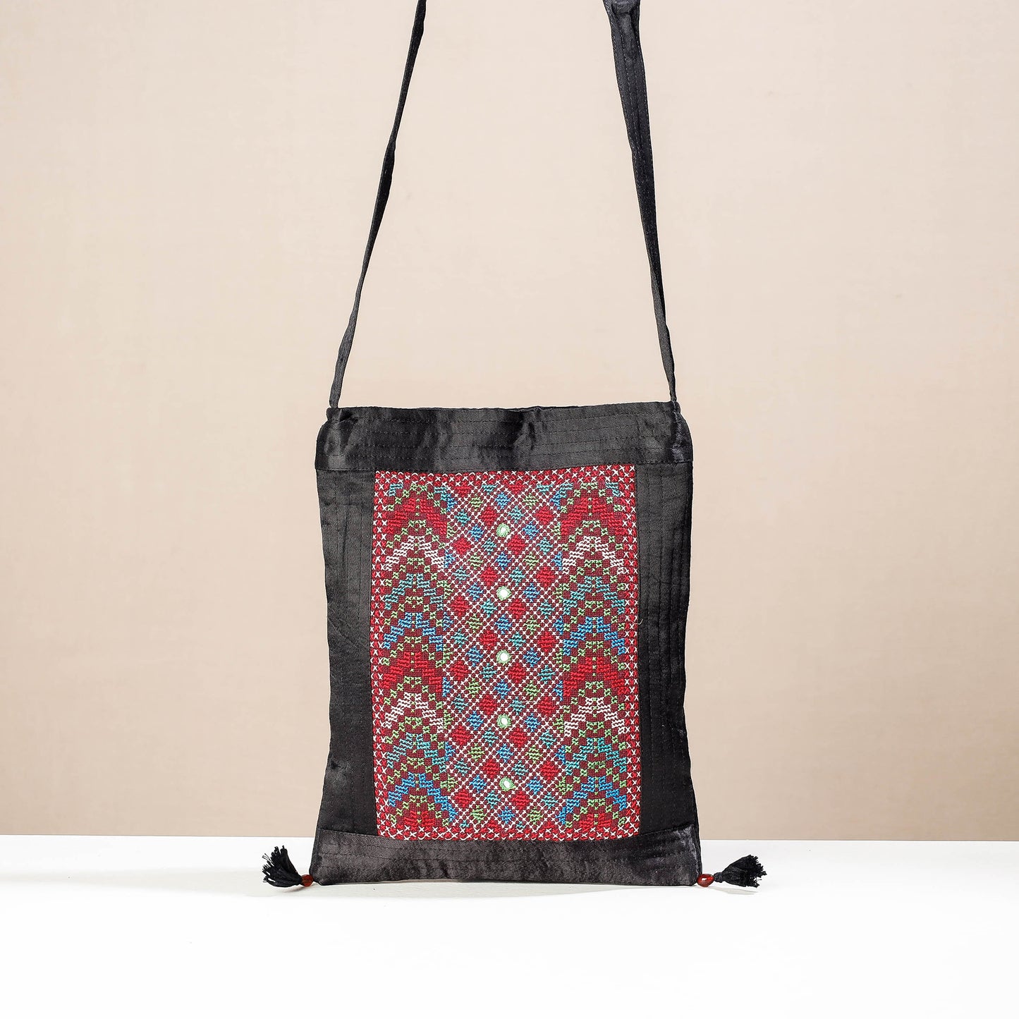Black - Kutch Jat Hand Embroidery Mashru Silk Sling Bag