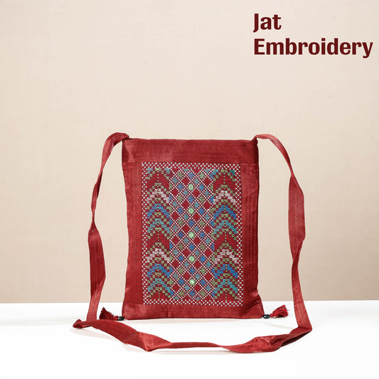 Maroon - Kutch Jat Hand Embroidery Mashru Silk Sling Bag