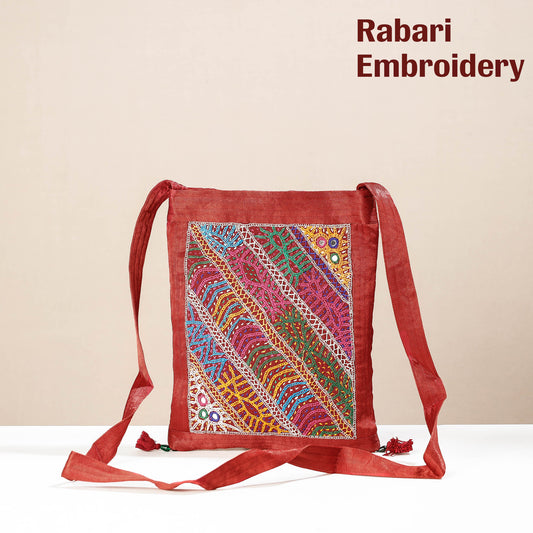 Red - Kutch Rabari Hand Embroidery Mashru Silk Sling Bag
